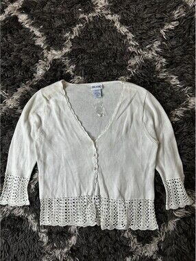Vintage 90s Blair Crochet Knit Cardigan Sweater Womens Medium Cream Pearl Button